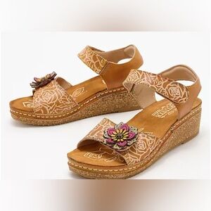 New L'Artiste by Spring Step Leather Wedge Sandals Cuteness Camel Floral